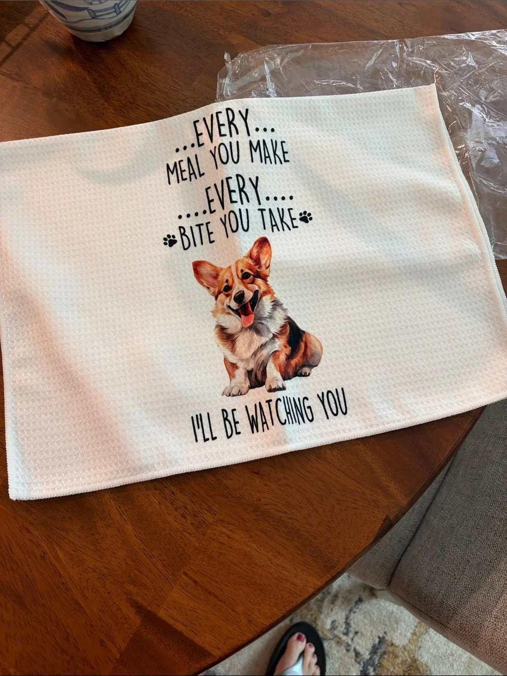 White Kitchen Towel with Corgi Illustration and Text